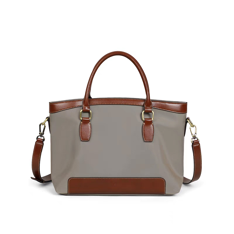 Nylon tote bag with leather trim